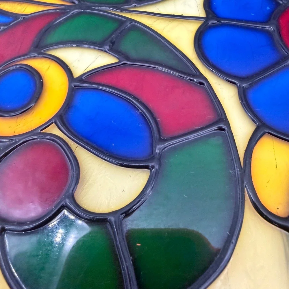 Vintage Stained Glass Window Panel Suncatcher Floral Leaded Metal Frame 18x12